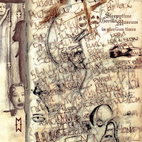 „Sleepytime Gorilla Museum, in glorious times.“ Illustration mit Gesichtern und Schriftzügen im Hintergrund.