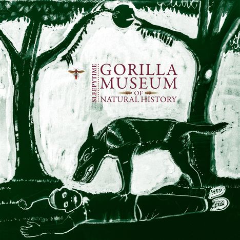 Text: "Sleepytime Gorilla Museum of Natural History". Schwarze, skizzenhafte Illustration eines Wolfes über einer liegenden Person.