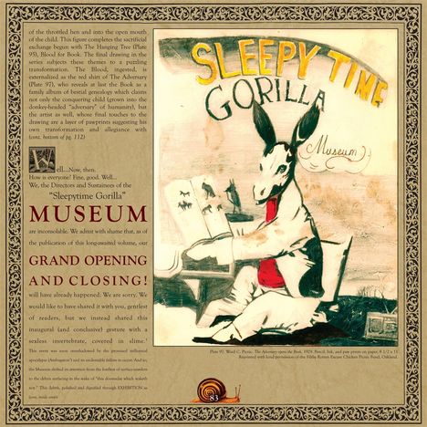 Text: "Sleepy Time Gorilla Museum", "Museum", "Grand Opening and Closing!". Illustration zeigt Esel mit Buch und rotem Hemd.