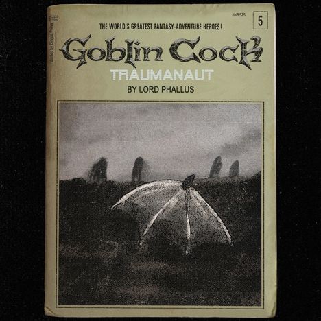 „Goblin Cock“, „TRÄUMANAUT“, „BY LORD PHALLUS“. Illustration eines Regenschirms vor verschwommenen Steinen im Hintergrund.