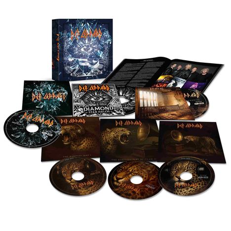 Das Bild zeigt eine Box mit vier CDs und einem Booklet der Band "Def Leppard". Cover mit Leopardenmotiv.