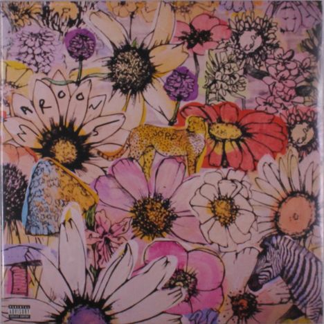 "MAROON" auf einer Blume. Illustration von vielen bunten Blumen, Leopard und Zebra.