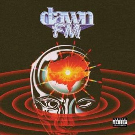 Text: "dawn FM". In einer Illustration strahlt ein rotes Licht aus einem Kopf, umgeben von konzentrischen Kreisen.
