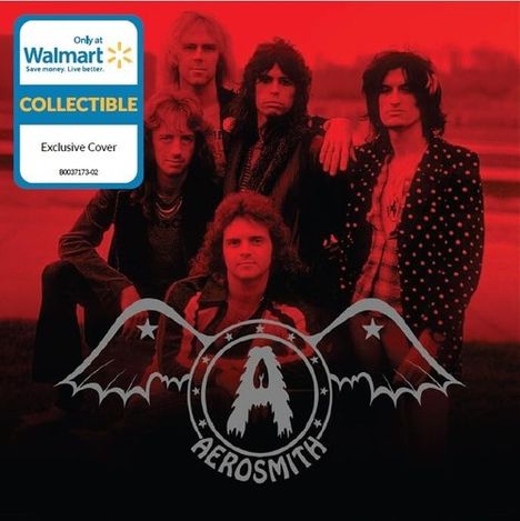 "Only at Walmart", "COLLECTIBLE", "Exclusive Cover", "Aerosmith" mit Flügel-Logo. Fünf Männer posieren dunkel-rot eingefärbt.