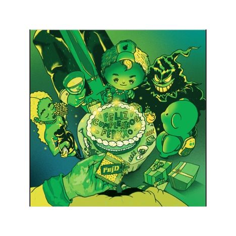 Eine Illustration zeigt eine Geburtstagsfeier. Auf einer Torte steht "Feliz Cumpleaños Ferxxo". Bunte Figuren feiern.