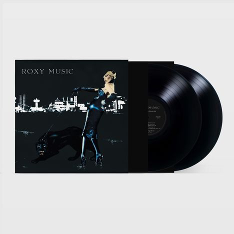 "Roxy Music" steht über einer stilvollen Frau in Schwarz mit Panther, vor City-Silhouette. Zwei schwarze Vinyl-Schallplatten.