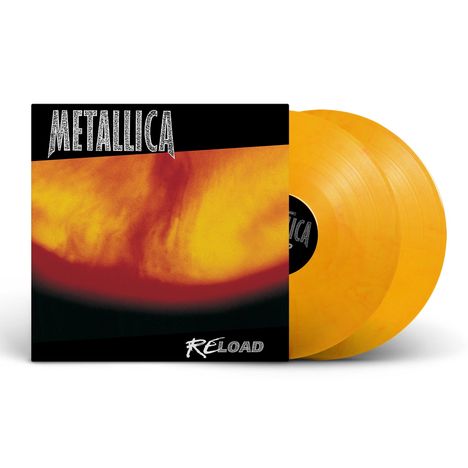 "Metallica" und "ReLoad" auf der Hülle, mit feurigem Rot-Gelb-Design. Zwei gelbe Vinyl-Schallplatten.