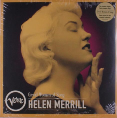 "Great Women of Song", "HELEN MERRILL". Schwarz-weiß Foto einer Frau mit geschlossenen Augen, neben Verve-Logo.