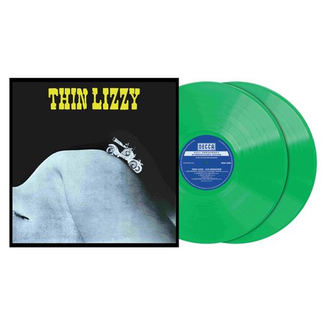 "THIN LIZZY" in gelber Schrift; Illustration eines Motorrads auf einem Körper; zwei grüne Vinyl-Schallplatten.