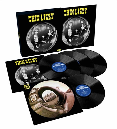 Oben steht "THIN LIZZY". Vier Schallplatten und ein schwarz-weißes Cover mit einer Band in kreisförmigem Bild zeigen.