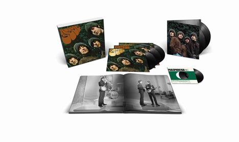 "Rubber Soul", "PARLOPHONE". Album-Cover mit vier Personen, Schallplatten und ein offenes Buch mit einer Schwarzweißfotografie.