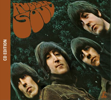"RUBBER SOUL" in großer brauner Schrift oben. Links steht "CD EDITION". Vier Männer mit schulterlangem Haar schauen schräg.