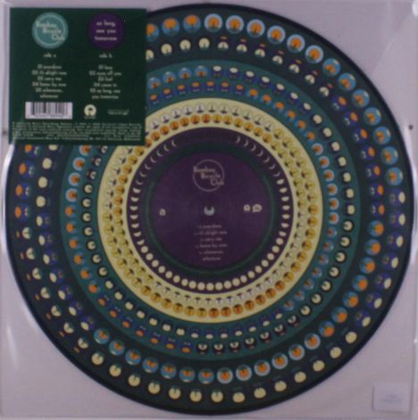 Eine dekorative Vinylplatte mit konzentrischen Kreisen aus bunten Mondphasen-Motiven; in der Mitte liegt ein Textabschnitt.