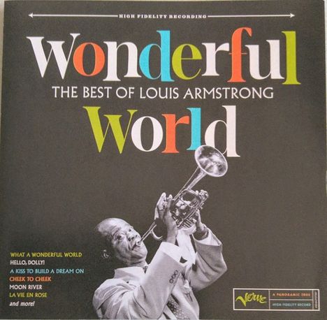 Text: "Wonderful World - The Best of Louis Armstrong." Darunter ein schwarz-weißes Bild eines Mannes mit Trompete.