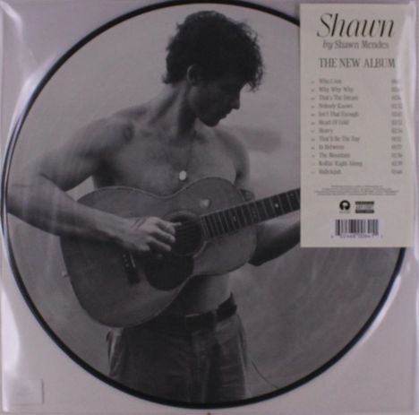 "Shawn by Shawn Mendes. THE NEW ALBUM." Liste von Liedtiteln. Schwarz-weiß Illustration eines Mannes mit Gitarre.