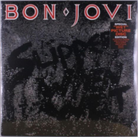 "BON JOVI" oben, "Slippery When Wet" schwer lesbar darunter. Oben rechts kleine Box mit "SPECIAL WLT PICTURE DISC EDITION".