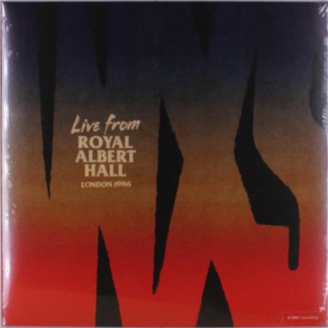 „Live from Royal Albert Hall, London 1986“. Farbverlauf von Blau zu Rot mit schwarzen, flammenartigen Formen.