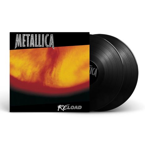 "METALLICA" oben, "RELOAD" unten, zwei Vinyl-Schallplatten. Deckblatt zeigt abstrakte gelb-rot-schwarze Kunst.