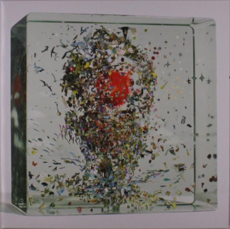 Text fehlt. Illustration eines Kopfes, bestehend aus bunten, wirbelnden Partikeln innerhalb eines transparenten Würfels.