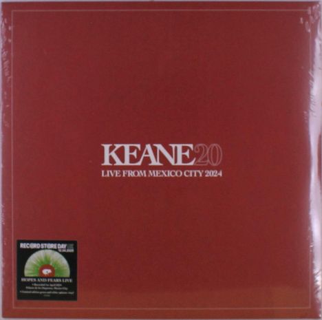 „KEANE 20 LIVE FROM MEXICO CITY 2024“ auf rotem Hintergrund, unten links kleineres Logo.