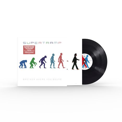 "SUPERTRAMP", "BROTHER WHERE YOU BOUND". Illustrationen zeigen Evolution vom Affen zum Mann, daneben eine Schallplatte.