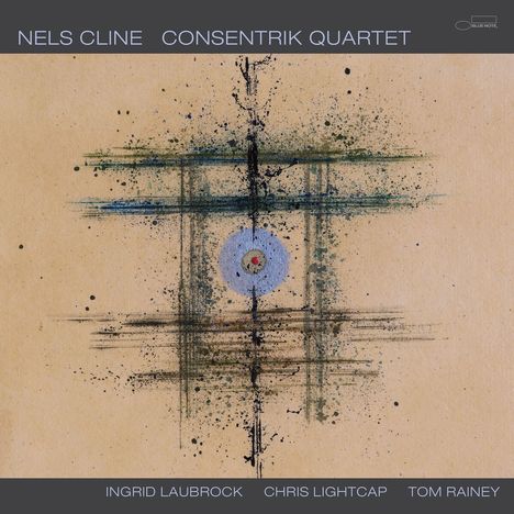 „Nels Cline Consentrik Quartet“ oben, „Ingrid Laubrock Chris Lightcap Tom Rainey“ unten. Abstrakte, kreuzförmige Illustration.