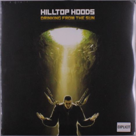 "DRINKING FROM THE SUN" von Hilltop Hoods. Illustration: Person mit erhobenen Händen in einem Lichtstrahl unter der Erde.