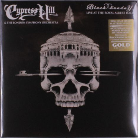 Text: "Cypress Hill & the London Symphony Orchestra", "Black Sunday", "Live at the Royal Albert Hall", "Gold Edition".  
Illustration: Schädel mit Architektur-Elementen.
