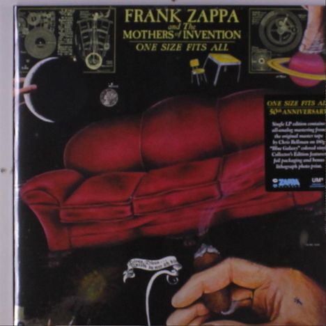 "Frank Zappa and the Mothers of Invention: One Size Fits All." Illustration mit rotem Sofa, Mond und Hand, die Zigarre hält.