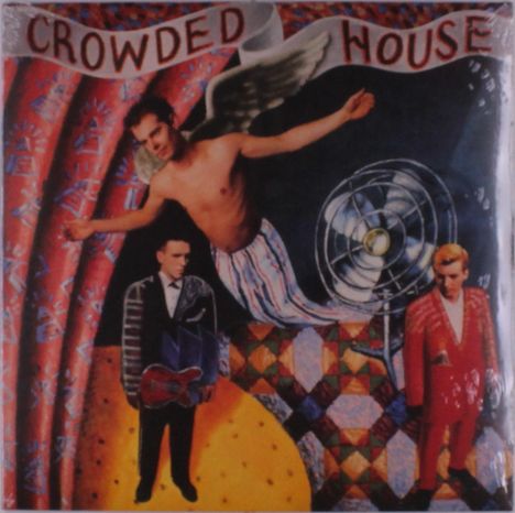 "Crowded House" steht oben. Illustration: Ein Engel mit Flügeln, zwei Männer und ein Ventilator vor buntem Hintergrund.