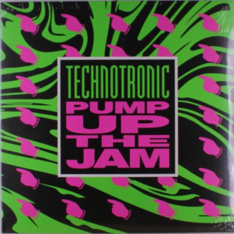 TECHNOTRONIC, PUMP UP THE JAM in grün und pink auf schwarzem Hintergrund. Illustration mit pinken Handsymbolen.