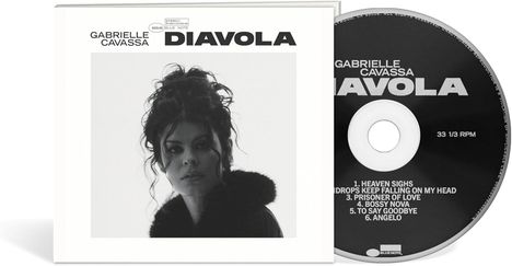 CD-Cover von "DIAVOLA" von GABRIELLE CAVASSA, daneben eine CD; Trackliste inklusive "HEAVEN SIGHS". Schwarz-weißes Porträt.