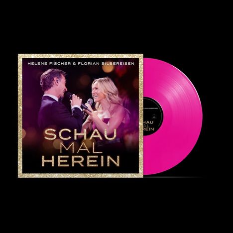 "Schau mal herein". Oben: "Helene Fischer & Florian Silbereisen". Zwei Personen singen, eine Aufnahme in goldener Schrift und pinke Platte.
