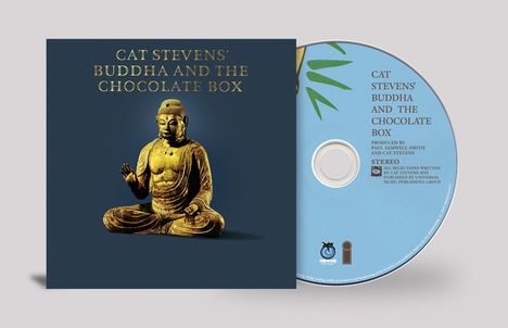 CD-Hülle mit Text "Cat Stevens' Buddha and the Chocolate Box", Buddha-Skulptur auf dunkelblauem Hintergrund.