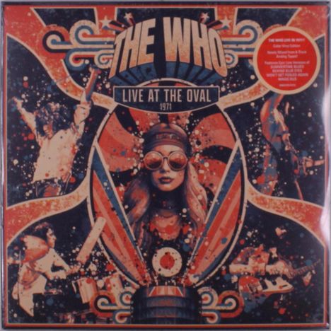"The Who Live At The Oval 1971" auf einer retrostilisierten Illustration mit Musikern, psychedelische Farben und Formen.