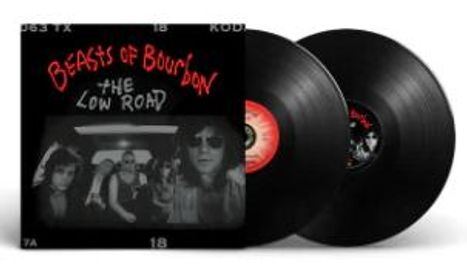 Text: "Beasts of Bourbon - The Low Road". Zwei schwarze Schallplatten mit einem Coverfoto von fünf Personen in einem Auto.
