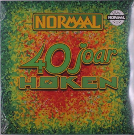 "Normaal 40 joar höken" in grüner Schrift auf buntem Hintergrund, Logo oben rechts.