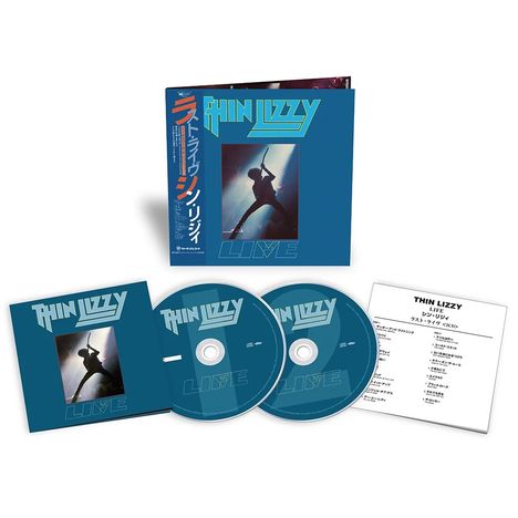 THIN LIZZY LIVE in großer Schrift, zwei CDs und ein Booklet mit Songliste und japanischem Text. Cover mit Gitarrist.