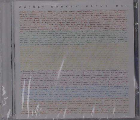 "CHARLY GARCIA PIANO BAR" in klarer Schrift oben, darunter dichter handschriftlicher Text in Regenbogenfarben. CD-Hülle.
