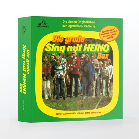 Auf einer grünen Verpackung steht: "Die große Sing mit HEINO Box". Eine Gruppe von Menschen in freier Natur.