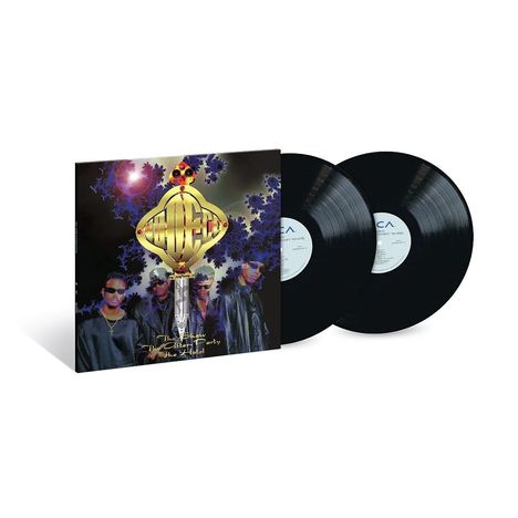 Text: "The After Party, The Hotel". Cover zeigt vier Personen in Lederjacken. Zwei schwarze Schallplatten sind dabei.