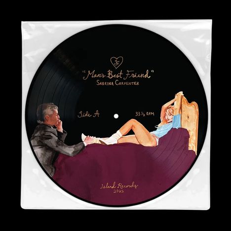„Man’s Best Friend“, Sabrina Carpenter, Seite A, 33 ⅓ RPM. Illustration: Mann und Frau auf einem Sofa, Island Records 2023.