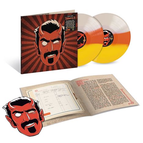 "Frank Zappa, Halloween 73" steht auf dem Cover. Zwei farbige Vinyls, ein rotes Gesicht mit Hörnern, offenes Buch.