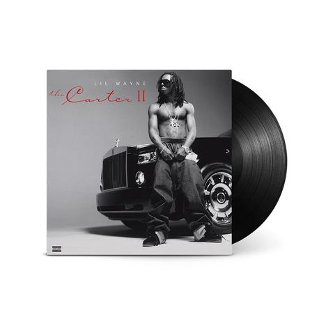 "LIL WAYNE the Carter II". Mann ohne Hemd, lehnend an einem Rolls-Royce. Schallplatte daneben.