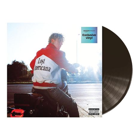 Text: "Lost Americana", "Exclusive vinyl". Eine Person auf einem Motorrad trägt eine rote Jacke, Sonne im Hintergrund.