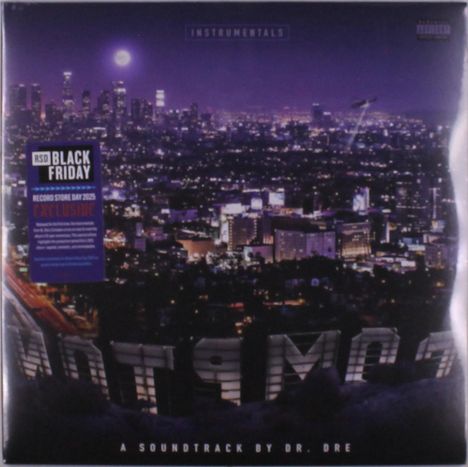 „RSD Black Friday“, „Record Store Day 2025“, „exklusive“, „Instrumentals“. Skyline von L.A. bei Nacht, helle Vollmond.