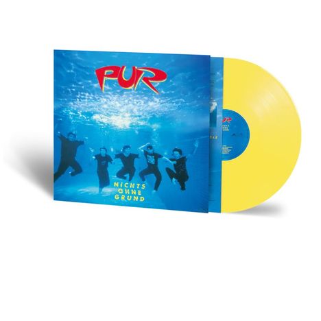 "PUR" und "NICHTS OHNE GRUND" auf blauem Unterwasserhintergrund. Fünf Menschen tauchen im Wasser. Gelbe Vinyl-Schallplatte.