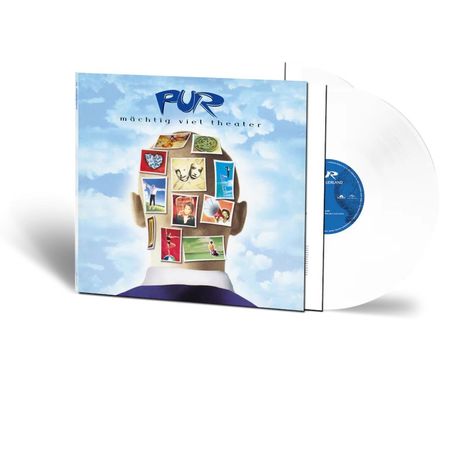 "PUR mächtig viel theater". Ein kahlköpfiger Mann, dessen Kopf mit Bildern bedeckt ist, vor einem Himmelshintergrund.