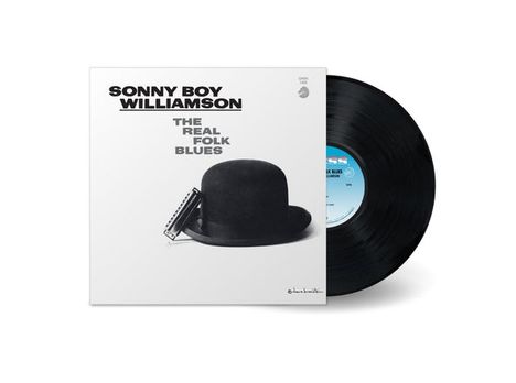 "SONNY BOY WILLIAMSON THE REAL FOLK BLUES" in Schwarz auf Creme. Ein Hut und eine Mundharmonika sind abgebildet.