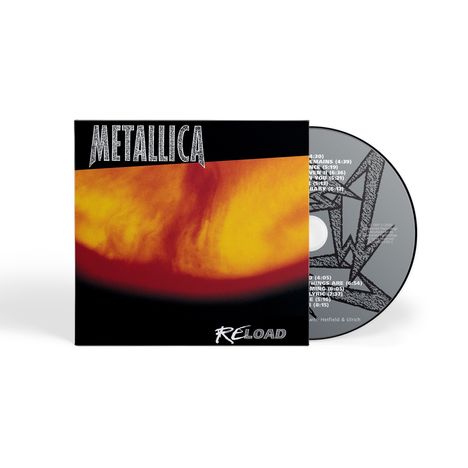 Text: "METALLICA" oben, "ReLoad" unten. CD und Cover mit abstraktem orangerotem Design.